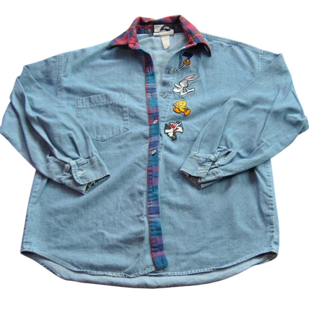 Looney Tunes Jean Button Down Long Sleeve Shirt w/ Flannel Collar Medium
